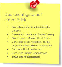 Das wichtigste auf einen Blick •	Freundlicher, positiv unterstützender Umgang •	Rassen- und hundespezifischesTraining •	Förderung des Mensch-Hund-Teams •	Dem Hund freude vermitteln, das zu tun, was der Mensch von ihm erwartet •	Den Hund Hund sein lassen •	Hunde von Hunden lernen lassen •	Stress und Angst abbauen