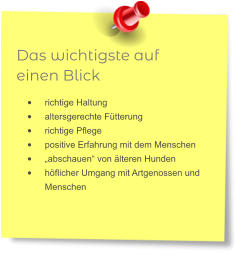 Das wichtigste auf einen Blick •	richtige Haltung •	altersgerechte Fütterung •	richtige Pflege •	positive Erfahrung mit dem Menschen •	„abschauen“ von älteren Hunden •	höflicher Umgang mit Artgenossen und Menschen